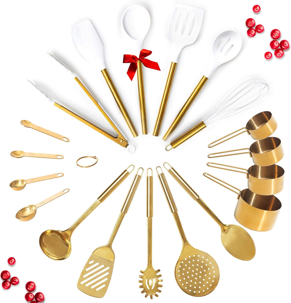 Gold Kitchen Utensils Set - 19-Piece Set Includes Stainless Steel Gold Utensils, White Silicone