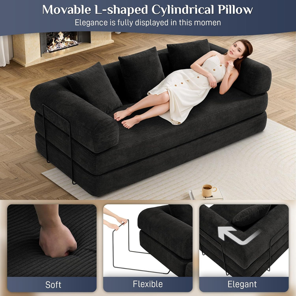 Convertible Sleeper Sofa Bed with Pillow, 4-in-1 Corduroy Folding Mattress Couch with Fixed-Shape