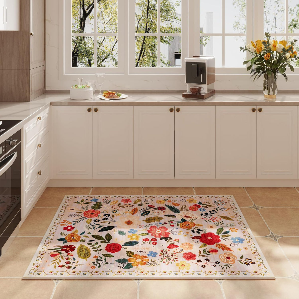 Door Mat Indoor Entrance 2x3 Rug Machine Washable Boho Floral Small Area Rug Non-Slip Low Pile