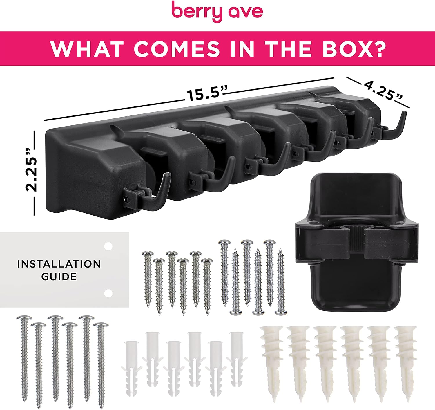 Combo 5 Slot Broom Holder w/ 1 Self Adhesive Mop Gripper No-Drilling, Wall Mount Tool Organizers
