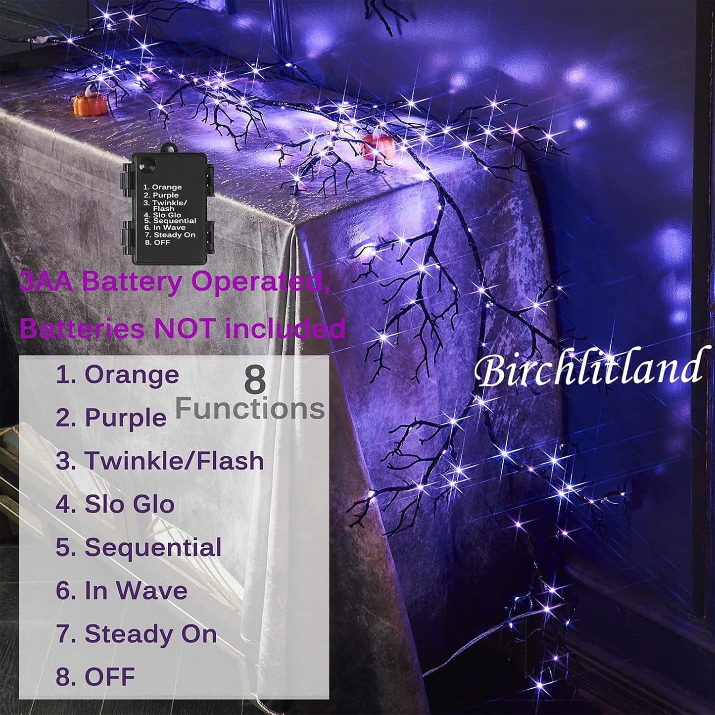 Birchlitland Halloween Lighted Garland 6FT 120L Orange and Purple Bi-Color LED Lights 8 Functions
