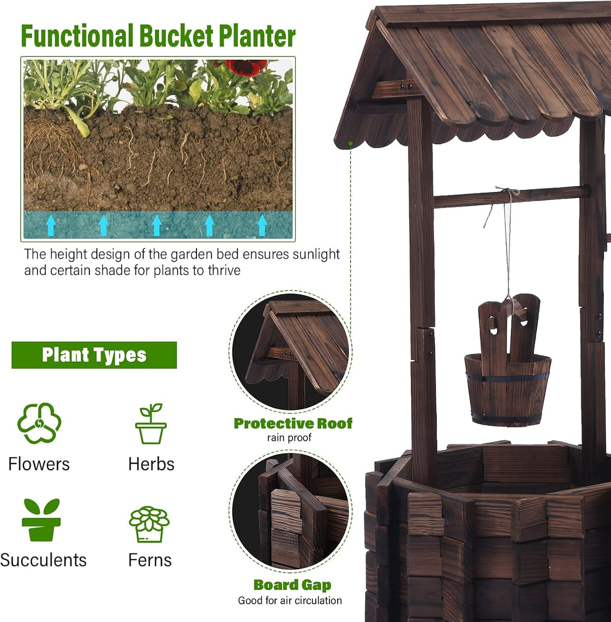 Garden Wooden Decor Rustic Wishing Well Planter Outdoor Home Décor for Patio, Upgrade Wishing Well