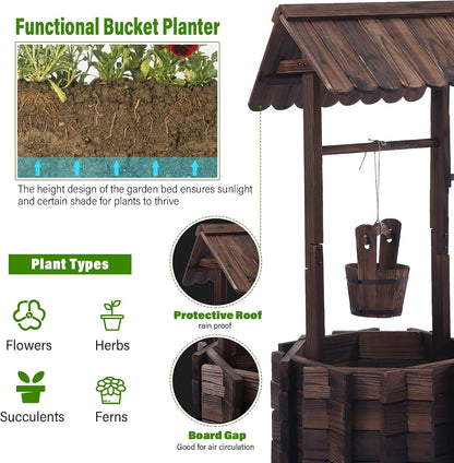 Garden Wooden Decor Rustic Wishing Well Planter Outdoor Home Décor for Patio, Upgrade Wishing Well