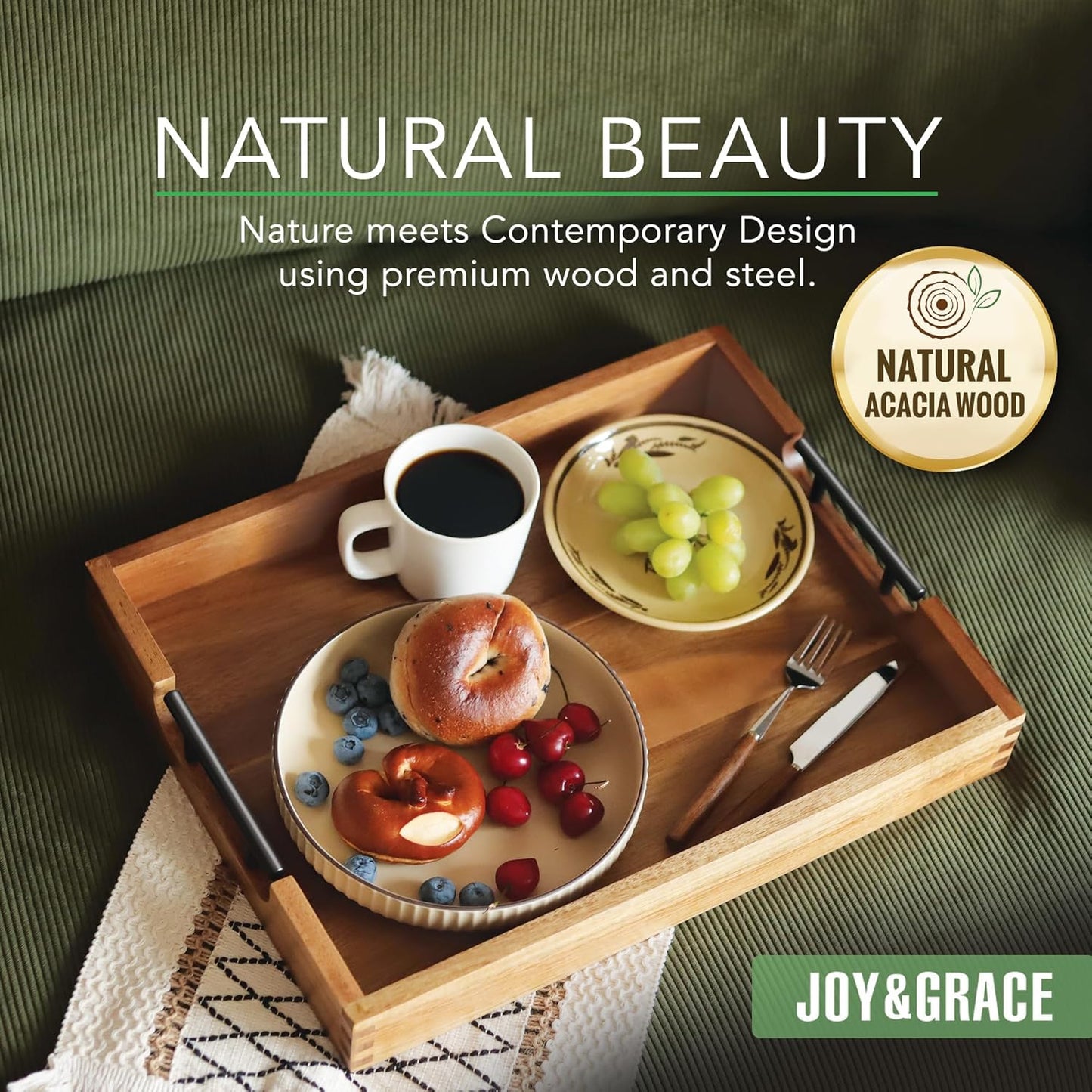 Joy&Grace Ottoman Tray for Living Room 16.7 x 12.8 inch Large Acacia Wooden Serving Tray with