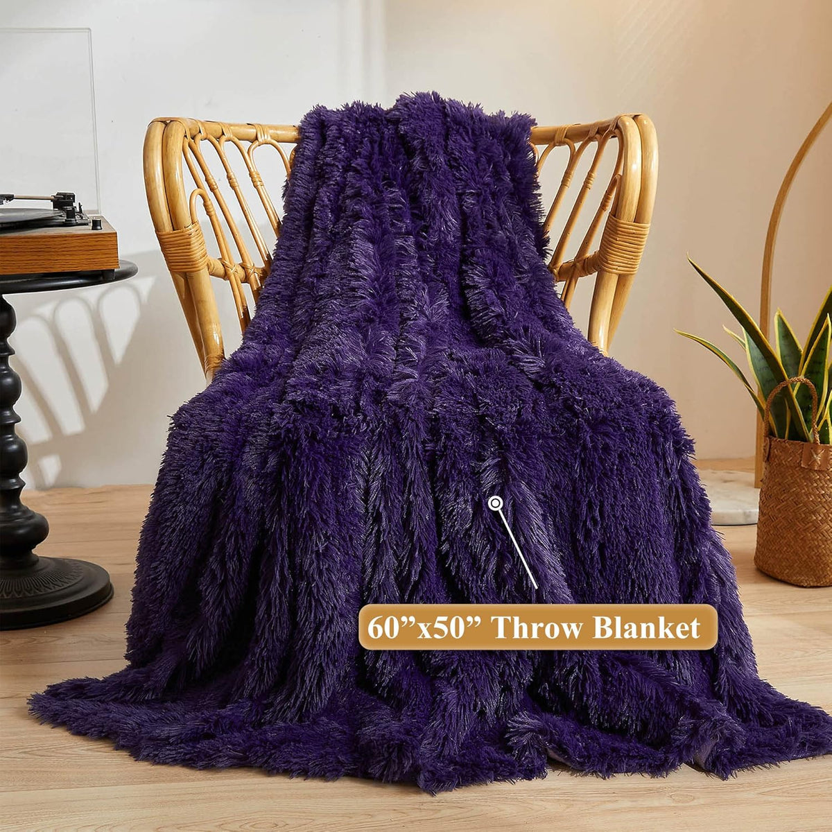 XeGe Plush Faux Fur Throw, Dark Purple Luxurious 50x60 Shaggy Furry Blanket, Thick Fluffy