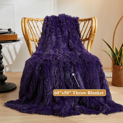 XeGe Plush Faux Fur Throw, Dark Purple Luxurious 50x60 Shaggy Furry Blanket, Thick Fluffy