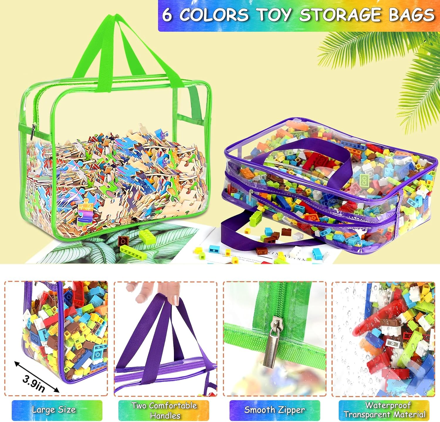 OPELETNNT 6 Color Large Toy Storage Bags with Labels, Reusable Clear PVC Board Game Storage, Travel