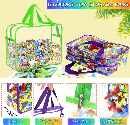 OPELETNNT 6 Color Large Toy Storage Bags with Labels, Reusable Clear PVC Board Game Storage, Travel
