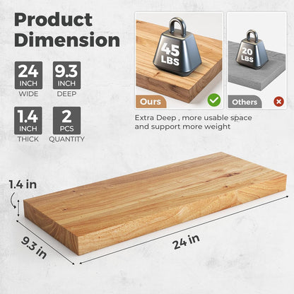 RICHFOCUS Elm Floating Shelves for Wall - 24" W x 9.3" D Rustic Solid Wood Shelves with Invisible