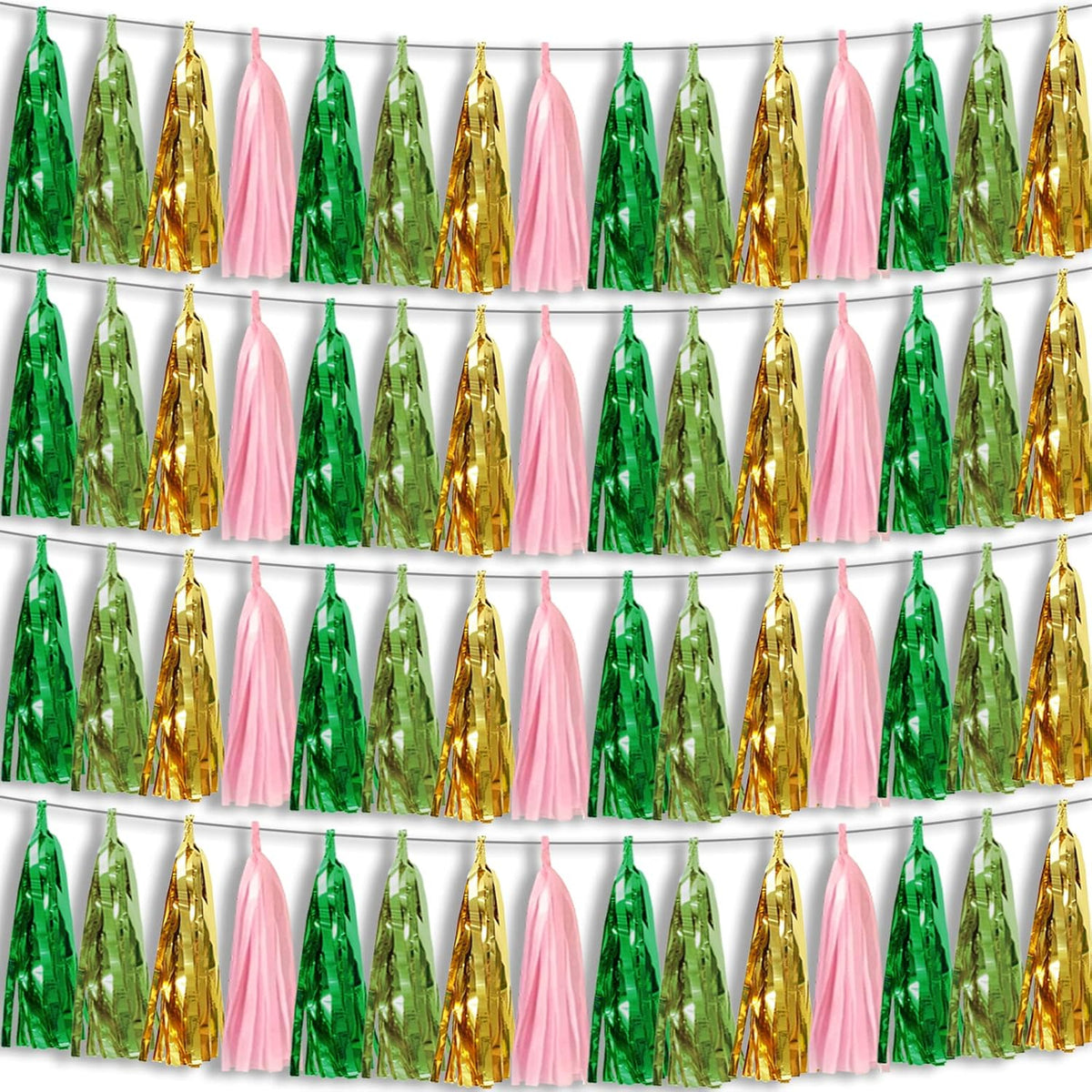 4P Sage-Green Pink-Gold Foil Fringe Metallic Tassel Garland, Tassels Banner Streamers for Parade