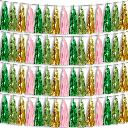 4P Sage-Green Pink-Gold Foil Fringe Metallic Tassel Garland, Tassels Banner Streamers for Parade