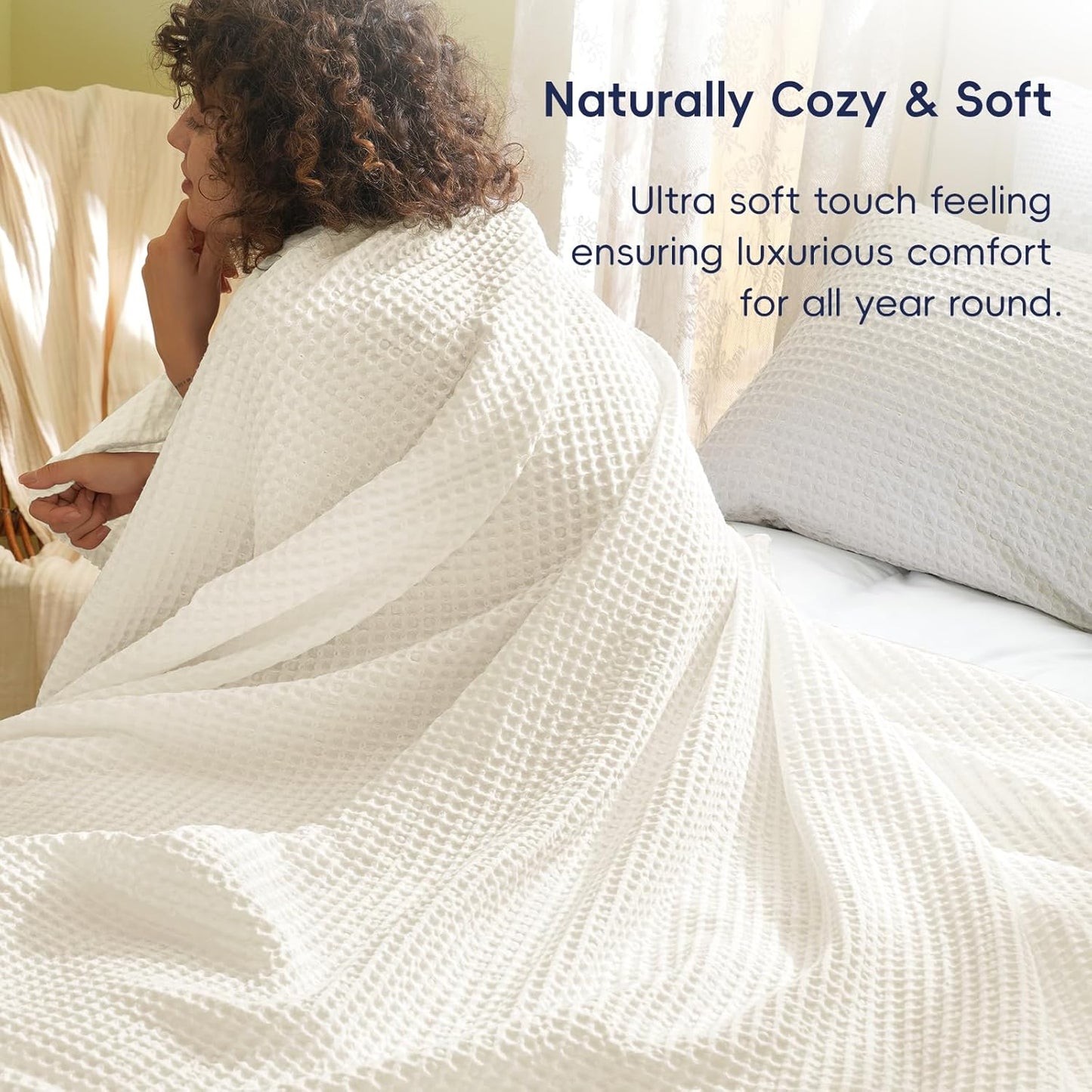PHF Ultra Soft Waffle Weave Blanket King Size 104"x 90"- Washed Lightweight Breathable Cozy Woven
