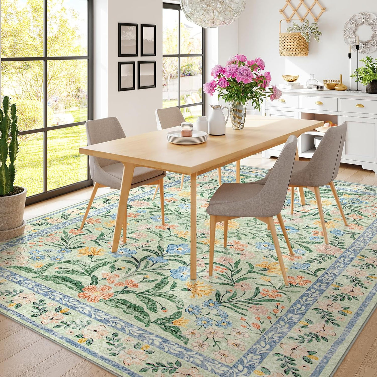 Wonnitar Machine Washable Area Rugs 9x12, Soft Sage Green Floral Rug for Living Room Bedroom