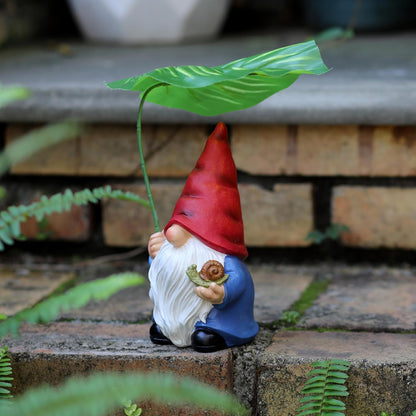 Garden Gnome Statue Decoration with Leaf Umbrella, 7.5” Figurine Ornament for Indoor Outdoor Home