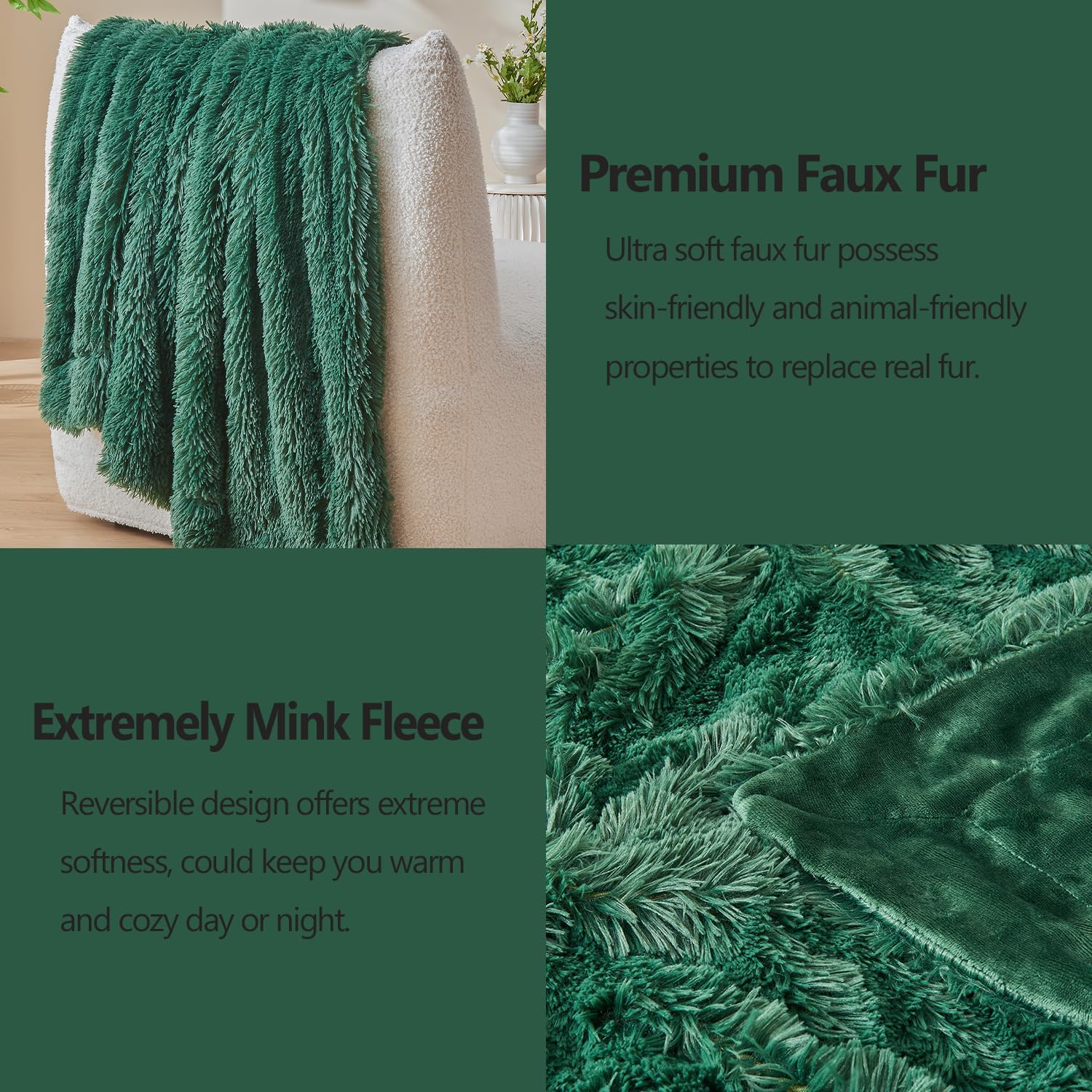 GONAAP Fuzzy Faux Fur Throw Blanket Dark Green Super Soft Cozy Plush Fuzzy Shaggy Blanket for Couch