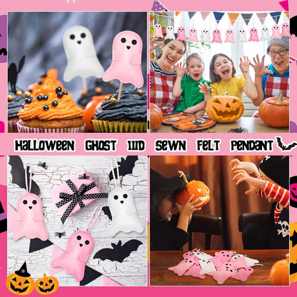 12 Pcs Pink Halloween Felt Ornaments Cute Ghost 3D Hanging Ornaments 3.15 Inch Pink White Halloween