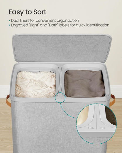 SONGMICS Laundry Basket, 44.9 Gal. Laundry Hamper, 2 Compartments, Easy Assembly, with Lid and