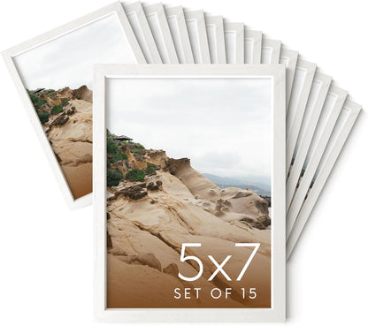 Haus and Hues 5x7 Natural White Wood Photo Frame Set of 15 - Mini Picture Frames Bulk Gallery Set