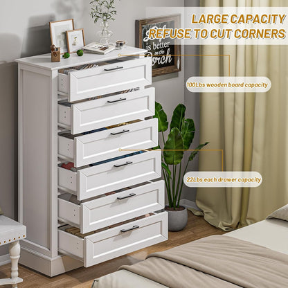 White 6 Drawer Dresser, 55 Inch Tall White Dresser for Bedroom, Modern Farmhouse Style Chest of