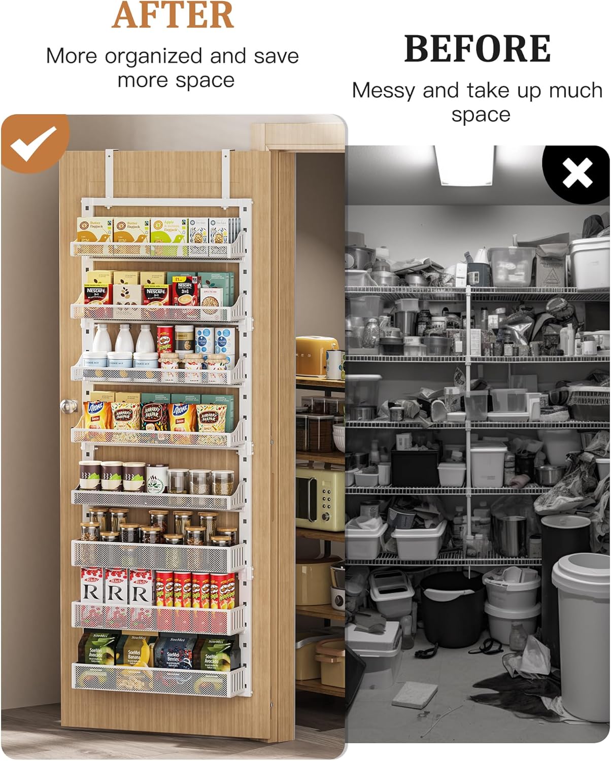 Over the Door Pantry Organizer 8-Tier, Large Metal Door Spice Rack with Adjustable Basket, 2 in 1