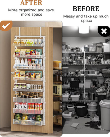 Over the Door Pantry Organizer 8-Tier, Large Metal Door Spice Rack with Adjustable Basket, 2 in 1