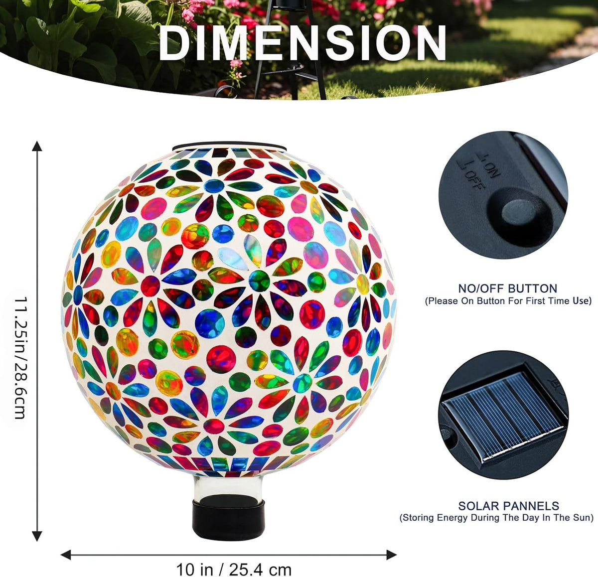 VOREEN 10" Mosaic Glass Gazing Ball with Solar Light, Outdoor Solar Gazing Globe, Handmade IP44