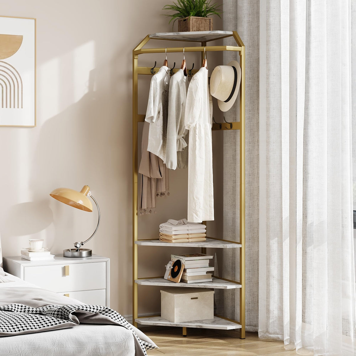 IDEALHOUSE Corner Coat Rack With Shoe Bench and 6 Double Hooks, Corner Hall Tree - Clothes Rack