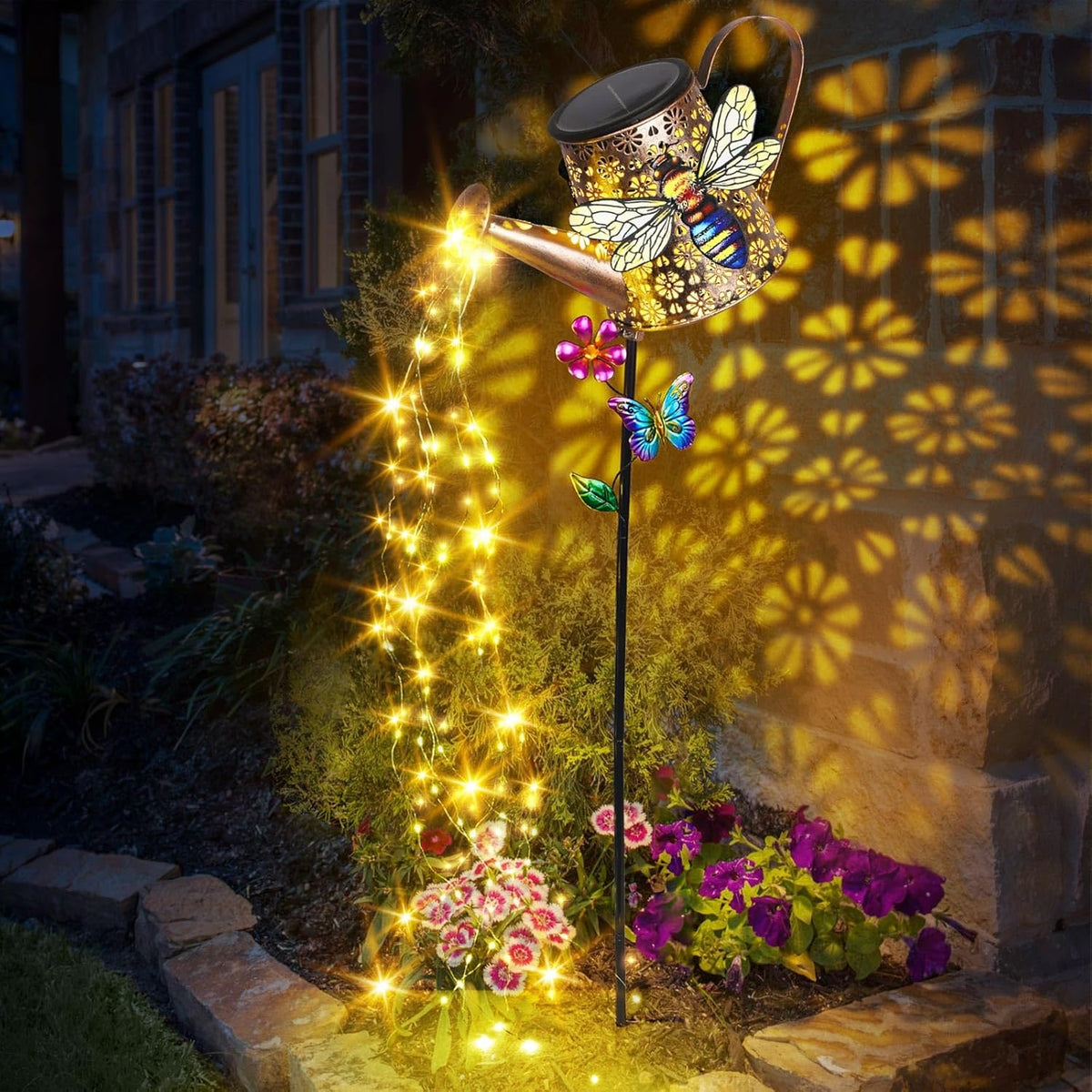 Solar Lights Outdoor Decorative, 39.4'' Metal Solar Watering Can Lights with Bee, Waterproof Garden