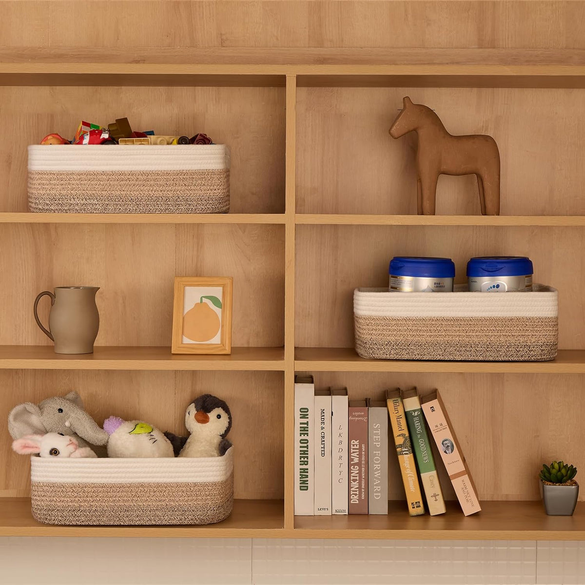 Large Shallow Organizing Baskets 15x11x5.1 Inches - Rope Woven Storage Bins for Bathroom, Shelves