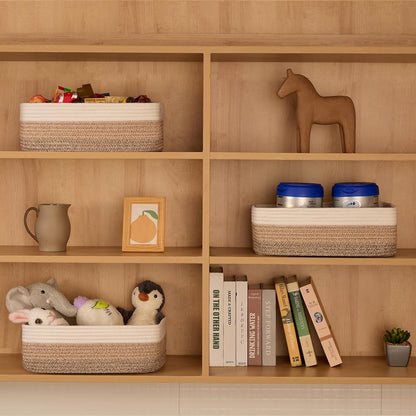 Large Shallow Organizing Baskets 15x11x5.1 Inches - Rope Woven Storage Bins for Bathroom, Shelves