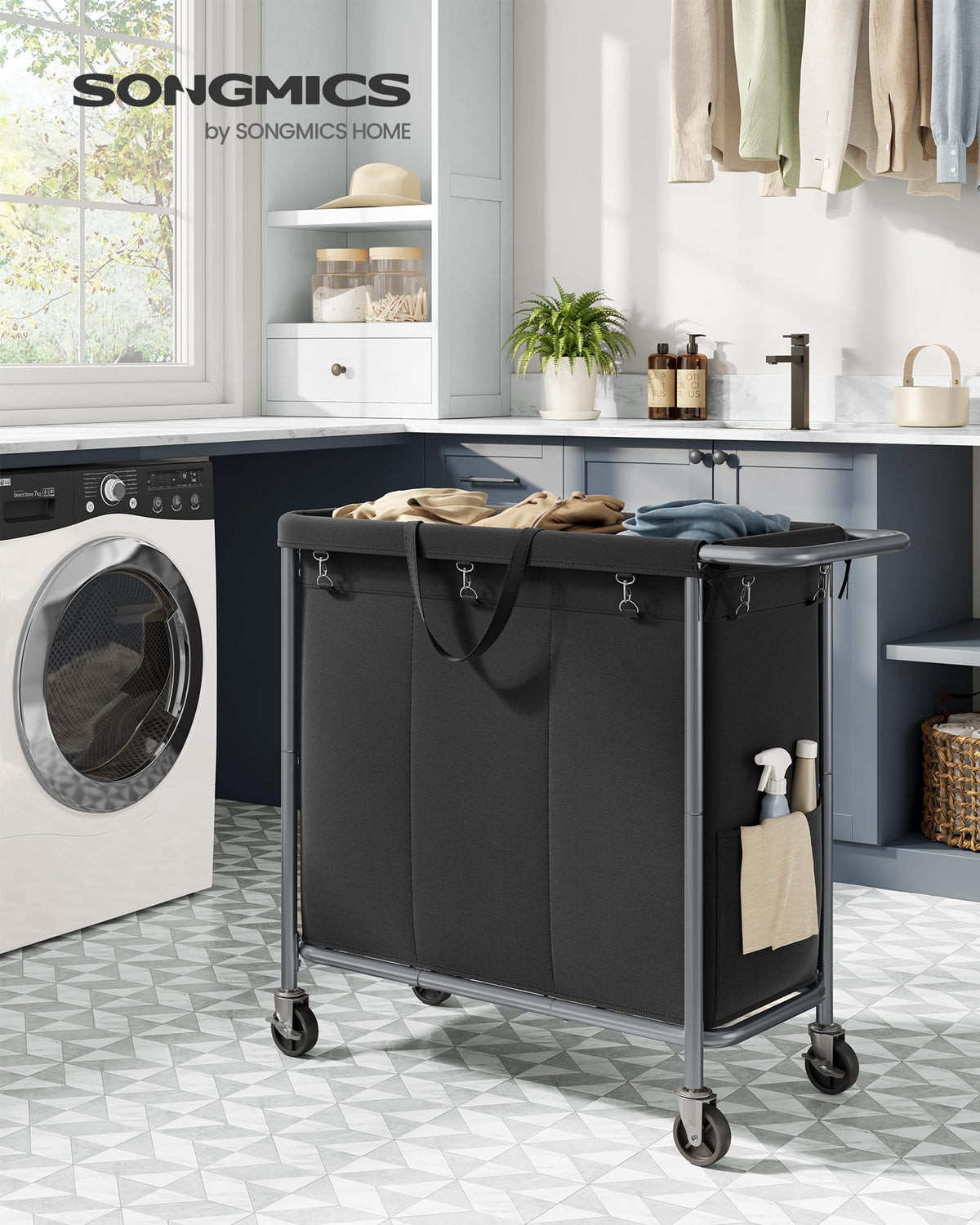 SONGMICS Laundry Basket with Wheels, 3-Section Rolling Laundry Hamper, 52.8 Gallons (200 L)