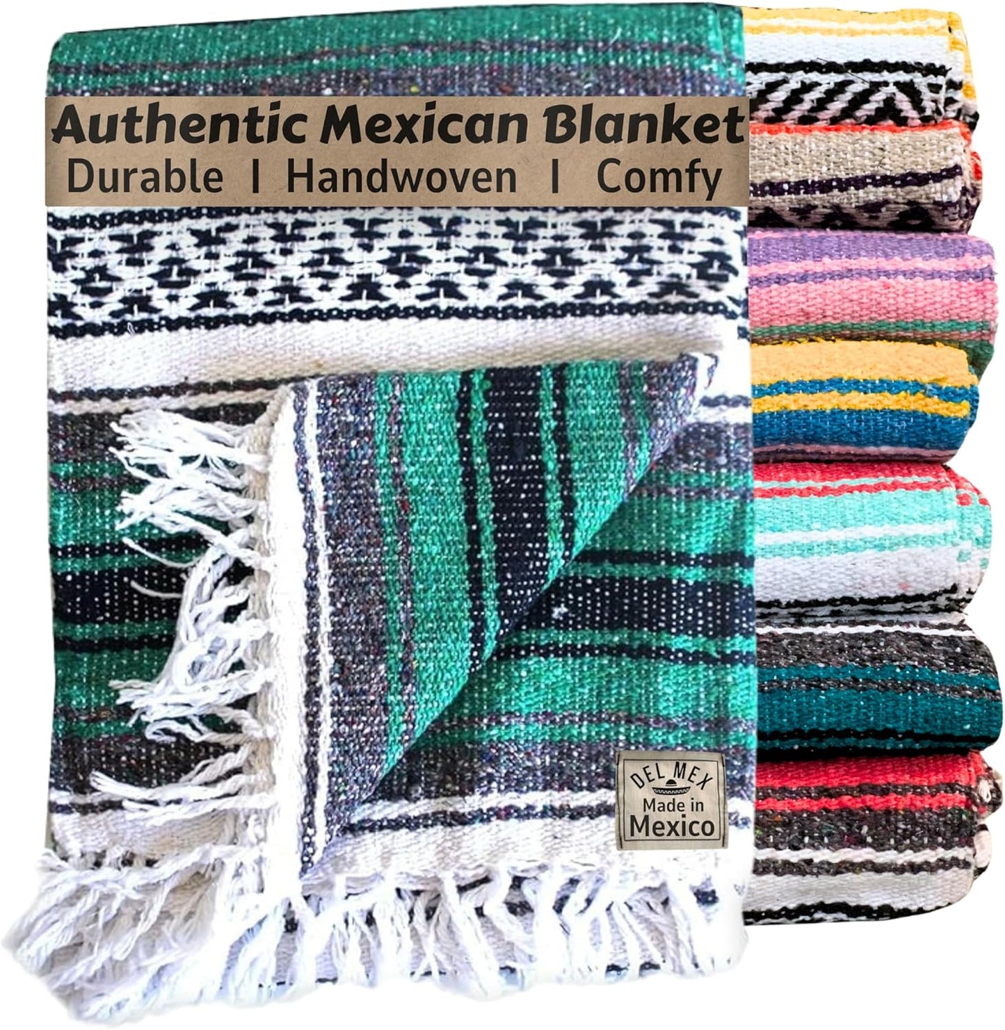 Del Mex Classic Mexican Blanket, Large Authentic Woven Falsa Throw (70"x50"), Artisan Southwest