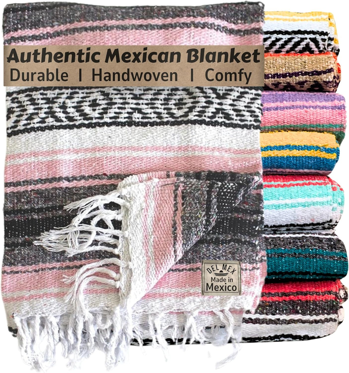 Del Mex Classic Mexican Blanket, Large Authentic Woven Falsa Throw (70"x50"), Artisan Southwest