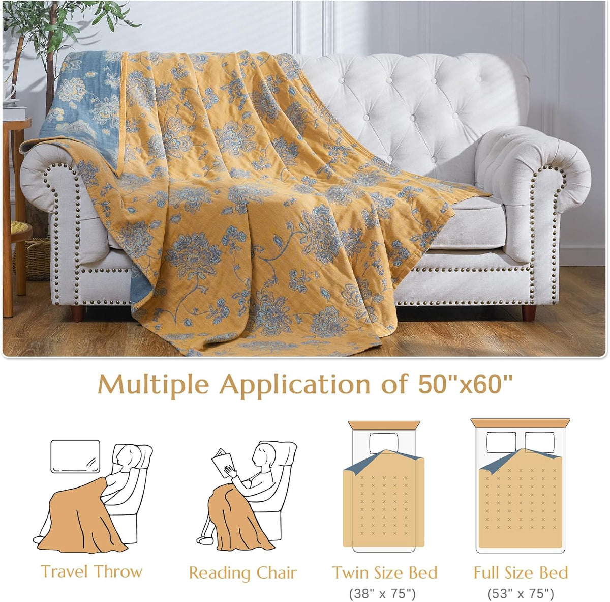 jinchan Boho 100% Cotton Muslin Twin Size 50x60 Inches Blanket Lightweight 4-Layer Quilted Soft