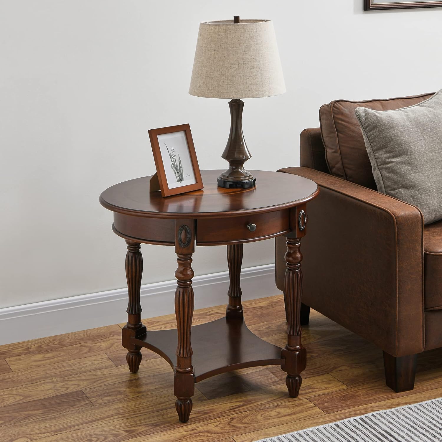 MODERION Solid Wood End Table with Drawer, Oval Sofa Side Table, Storage Shelf, Living Room Corner