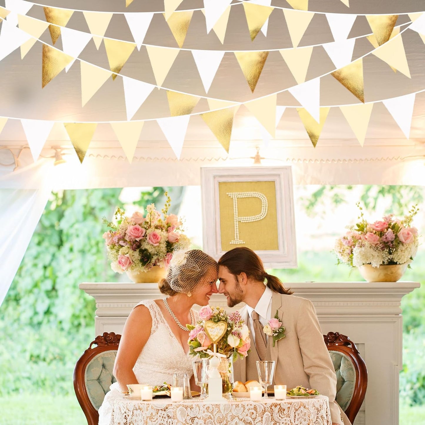 White and Gold Party Decorations Gold Beige White Fabric Triangle Pennant Banner Flag Bunting