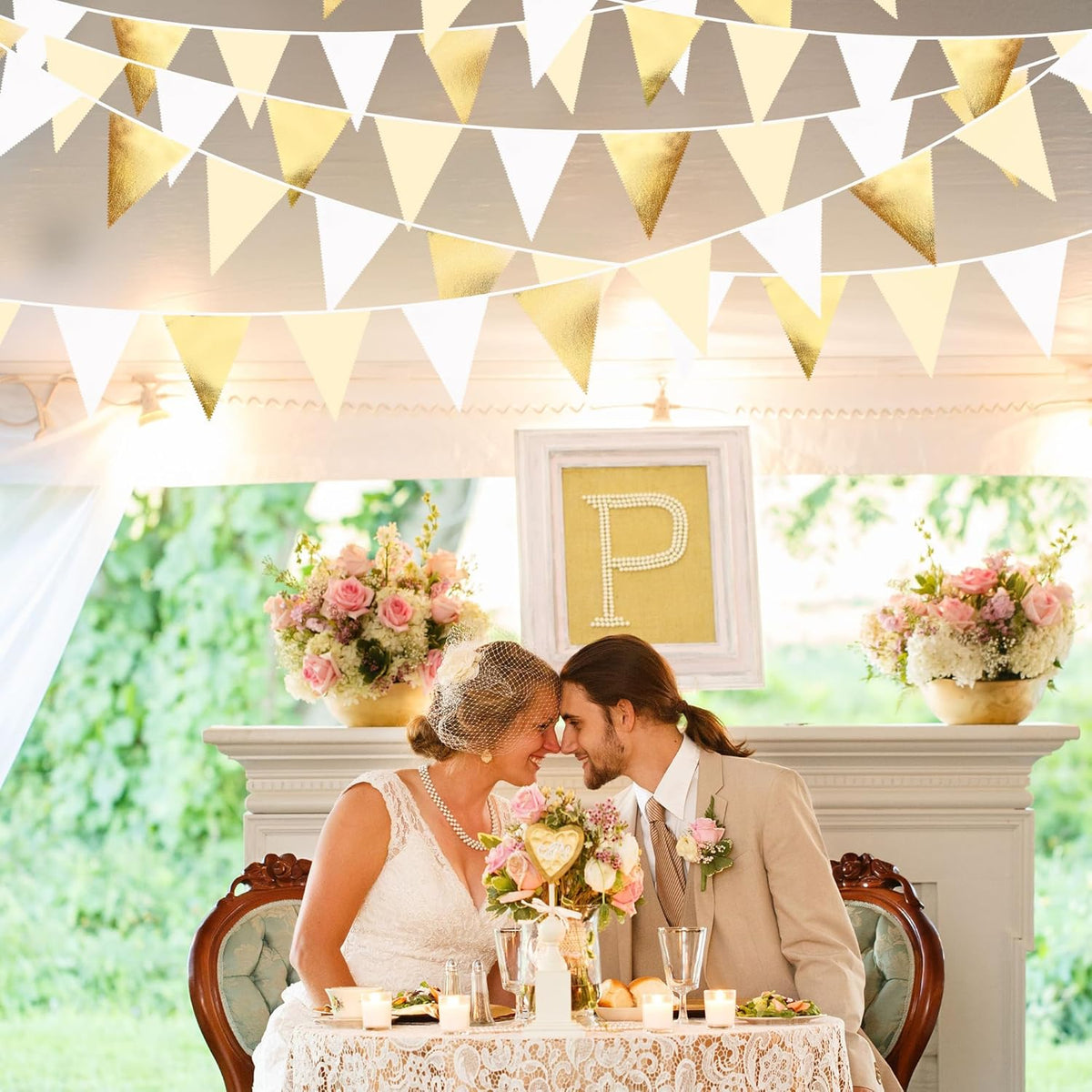 White and Gold Party Decorations Gold Beige White Fabric Triangle Pennant Banner Flag Bunting
