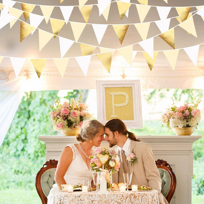 White and Gold Party Decorations Gold Beige White Fabric Triangle Pennant Banner Flag Bunting