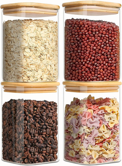 Square Glass Jars Canister with Wood Lid 37 FL OZ [Set of 4], Container Jar with Sealing, Lids for