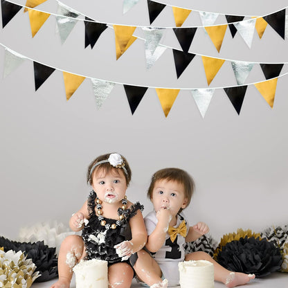 Black Gold Silver Party Decoration Triangle Pennant Banner Flag Metallic Fabric Bunting Garland for