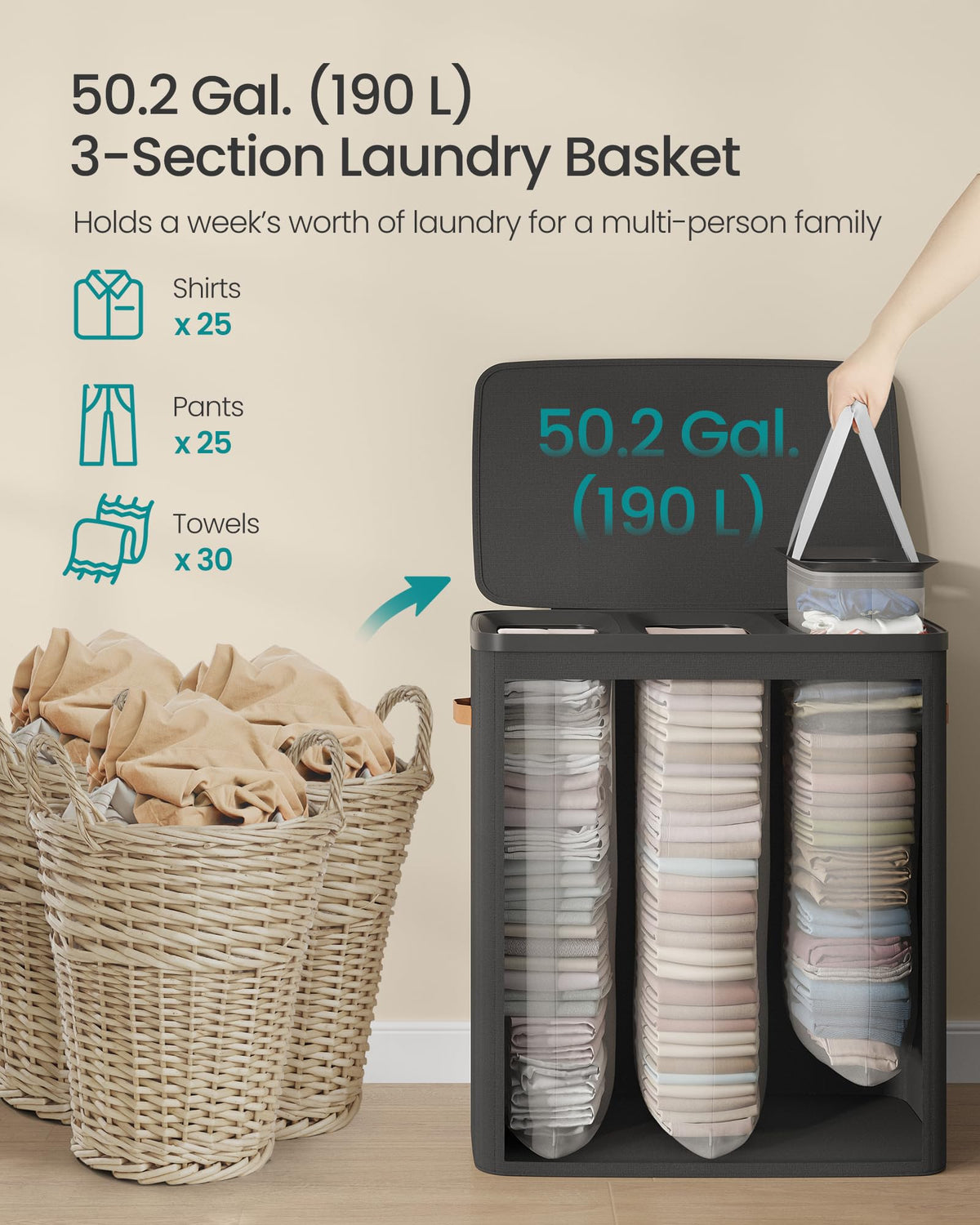 SONGMICS Laundry Basket, 50.2 Gal. Laundry Hamper, 3 Compartments, Easy Assembly, with Lid and