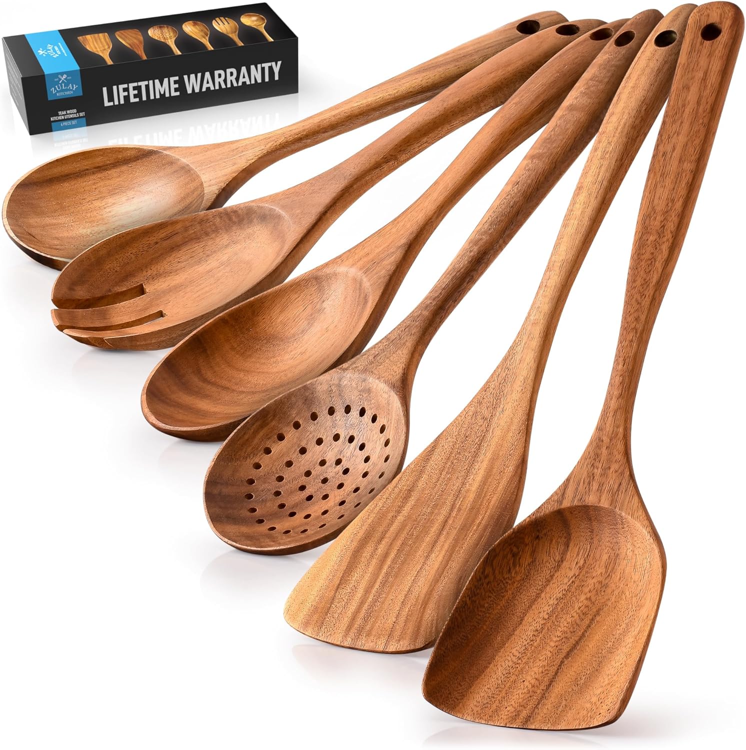 Zulay Kitchen 6-Piece Wooden Cooking Spoons Set – Heat-Resistant, Smooth Teak Utensils with Comfort