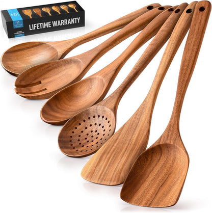 Zulay Kitchen 6-Piece Wooden Cooking Spoons Set – Heat-Resistant, Smooth Teak Utensils with Comfort