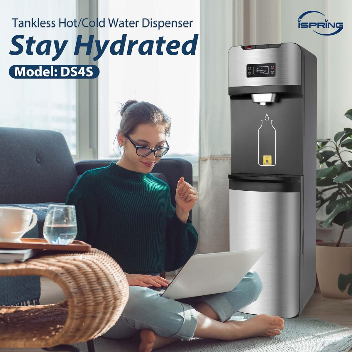 iSpring Bottleless Water Dispenser with Built-in 4-Stage Filtration, Hot/Cold/Room Temp, Self