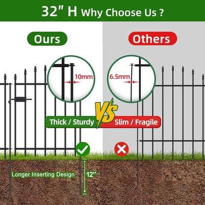 Metal Garden Fence with Gate 32 in H x 12 ft L, 1 Gate + 5 Panels Border Dog Fence Panels Animal