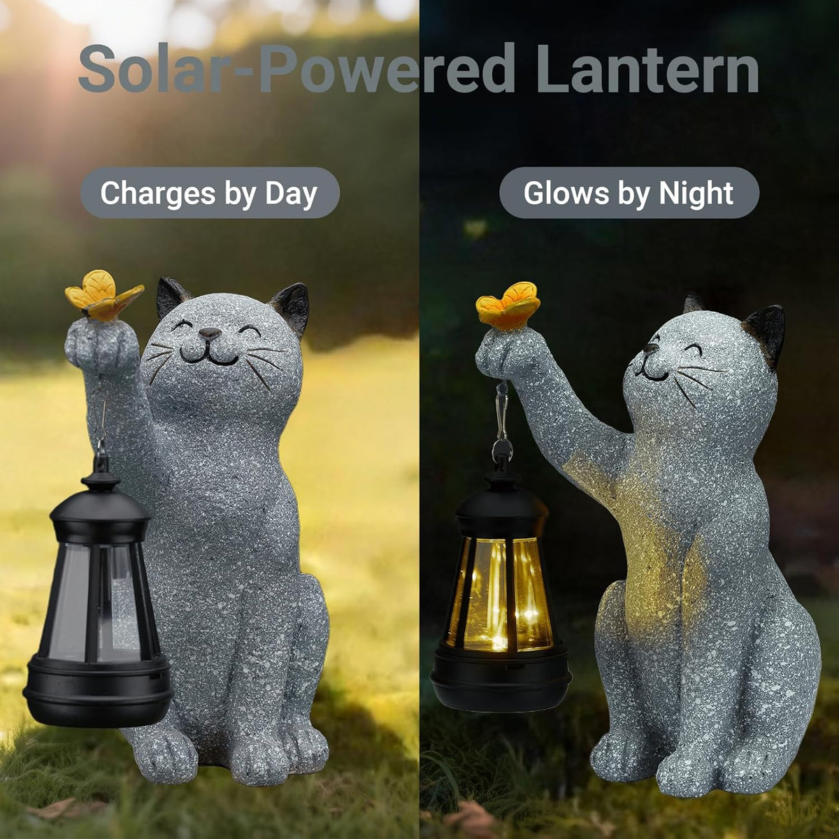 Solar Cat Garden Statue Outdoor Decor, Cat Sculpture with Lantern and Butterfly for Yard Lawn Patio