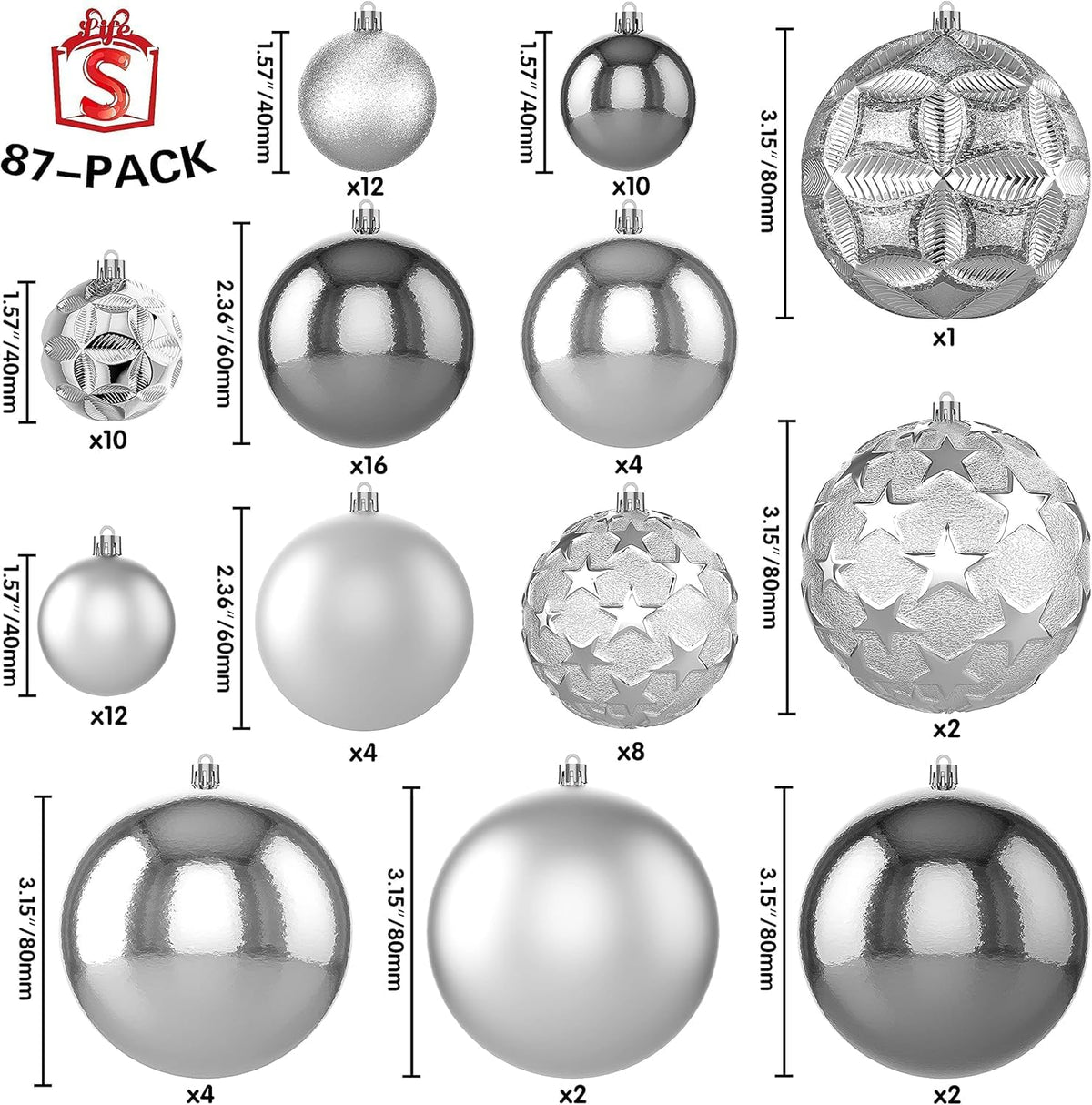87ct Christmas Ball Ornaments Set Shatterproof Seasonal Hanging Decorations with Reusable Hand-held