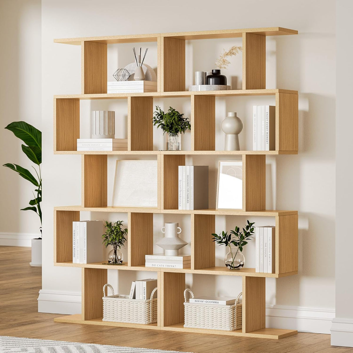 Oak 5-Tier Geometric Bookcase, S-Shaped Modern Bookshelf Set of 2, 62.6" Tall Room Divider Book