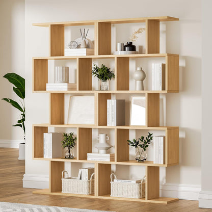 Oak 5-Tier Geometric Bookcase, S-Shaped Modern Bookshelf Set of 2, 62.6" Tall Room Divider Book
