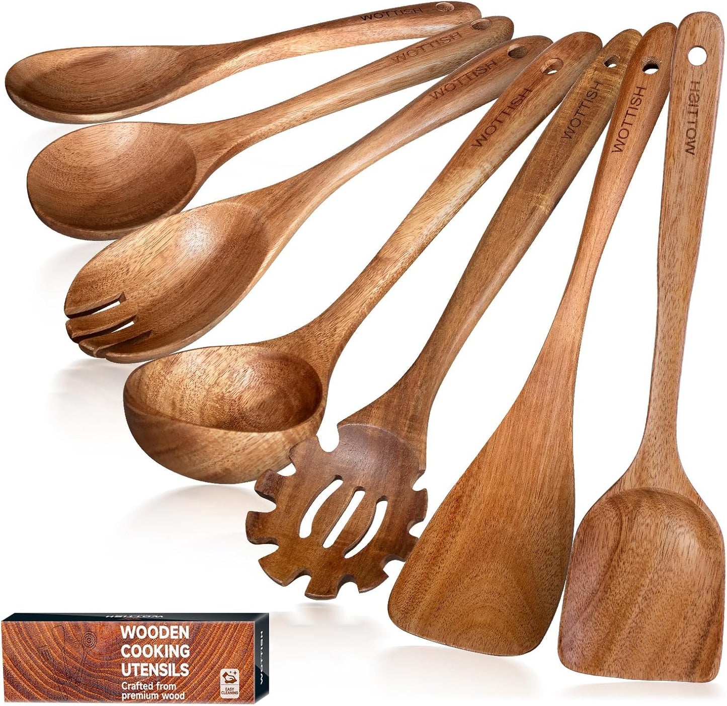 Wooden Utensil Set,WOTTISH 7Pcs Nonstick Wood Spatula,Wooden Kitchen Utensils Set Non Toxic,Wooden